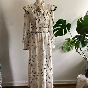 Modely Polka Dot Tie Neck Ruffle Trim Bishop Sleeve Shirred Waist Dress
